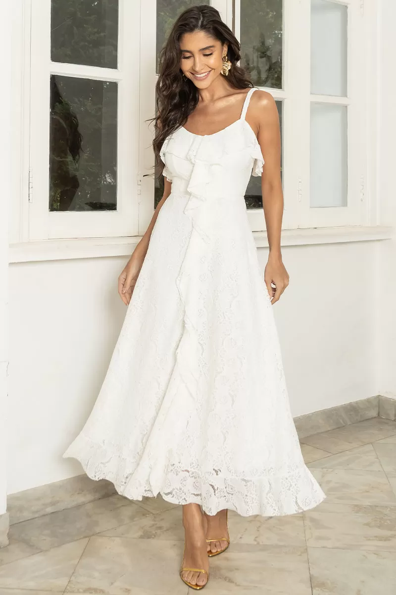 Miss Misses - Iris Lace Dress With Thin Straps And Frills Off White - 54445030