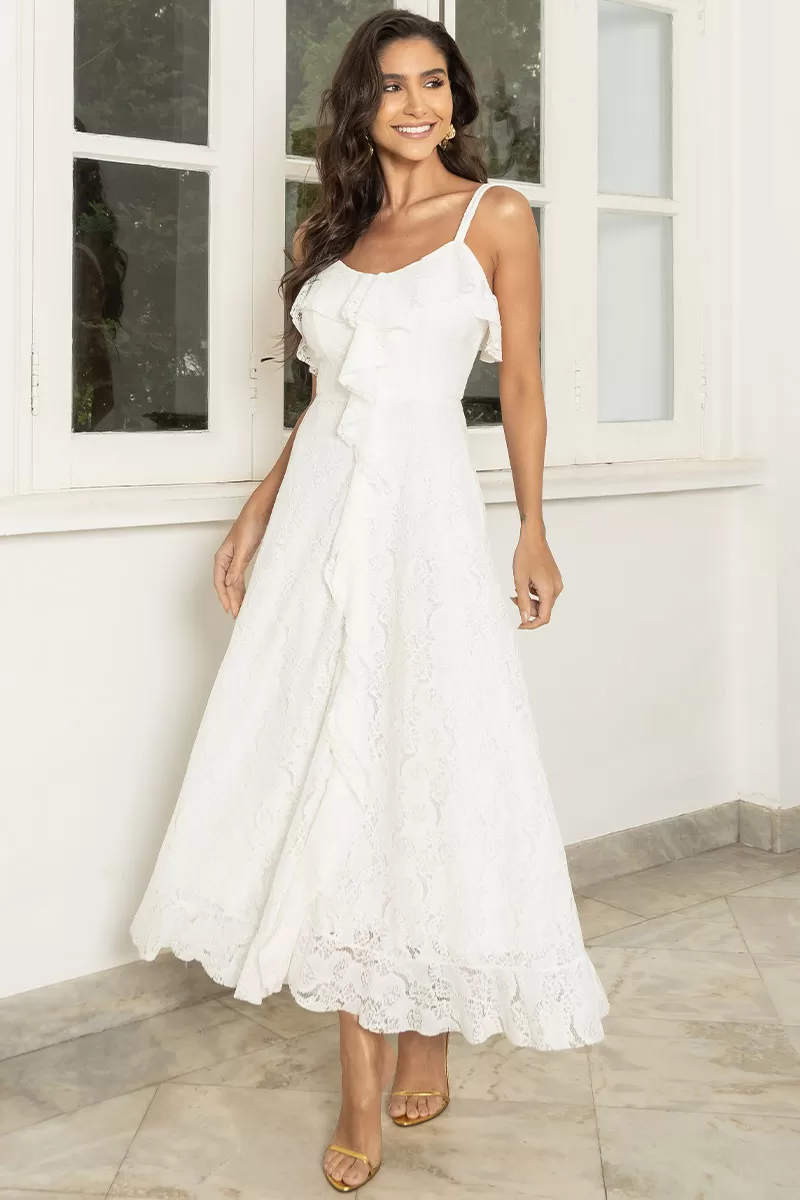 Miss Misses - Vestido Iris Rendado Com Alças Finas E Babados Off White - 54445030