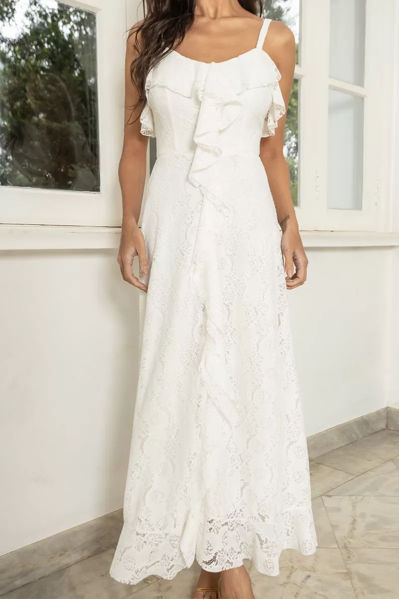 Miss Misses - Vestido Iris Rendado Com Alças Finas E Babados Off White - 54445030