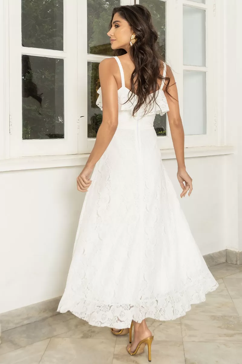 Miss Misses - Vestido Iris Rendado Com Alças Finas E Babados Off White - 54445030