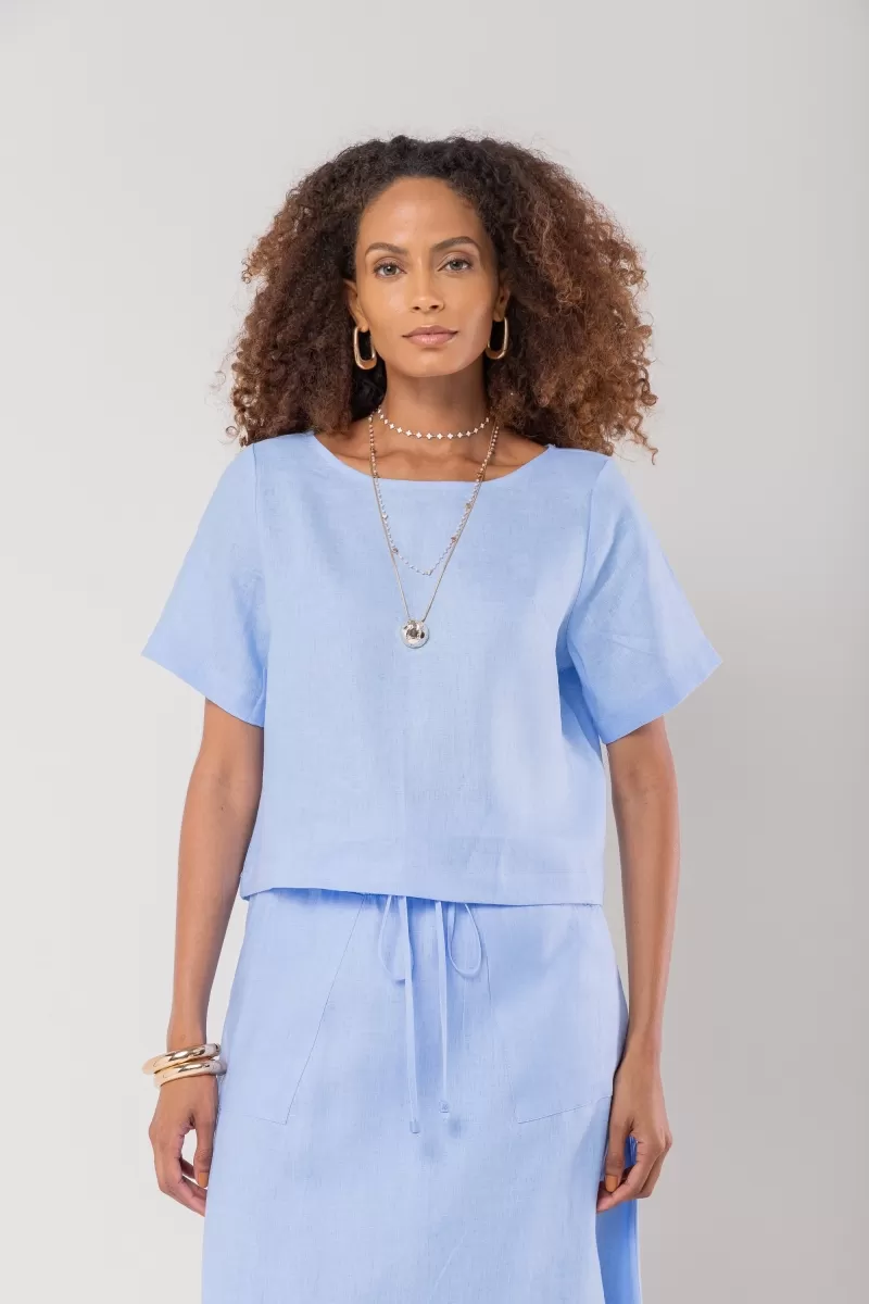 Hidrogênio - 100% LINEN CROPPED TOP IN INDIGO BLUE - 19801568