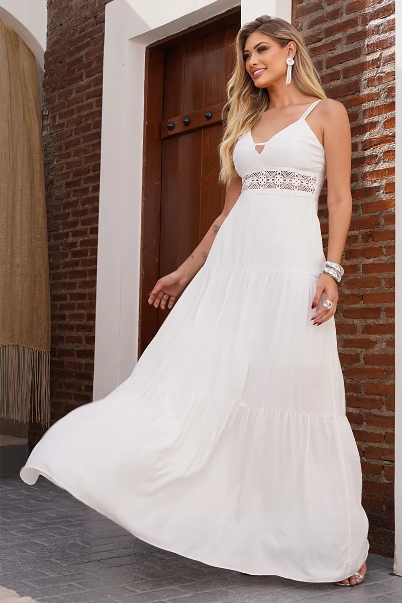 Miss Misses - Vestido Val Longo Com Detalhe Guipir Off White - 54460030