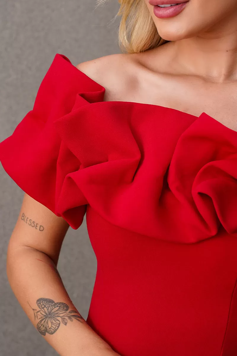 Miss Misses - Red Tube Dress with Frills - 54464024