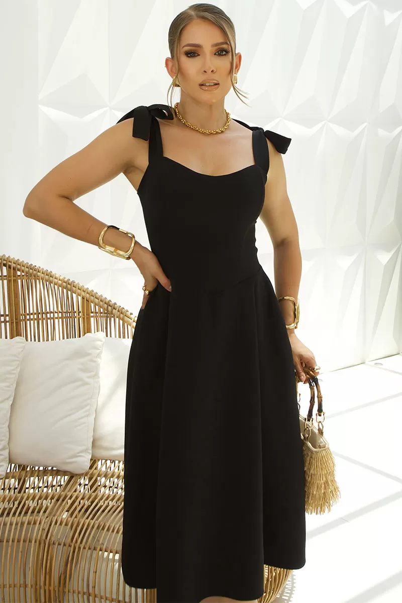 Miss Misses - Michele Midi Dress With Straps and Bows On The Shoulders Black - 54392001