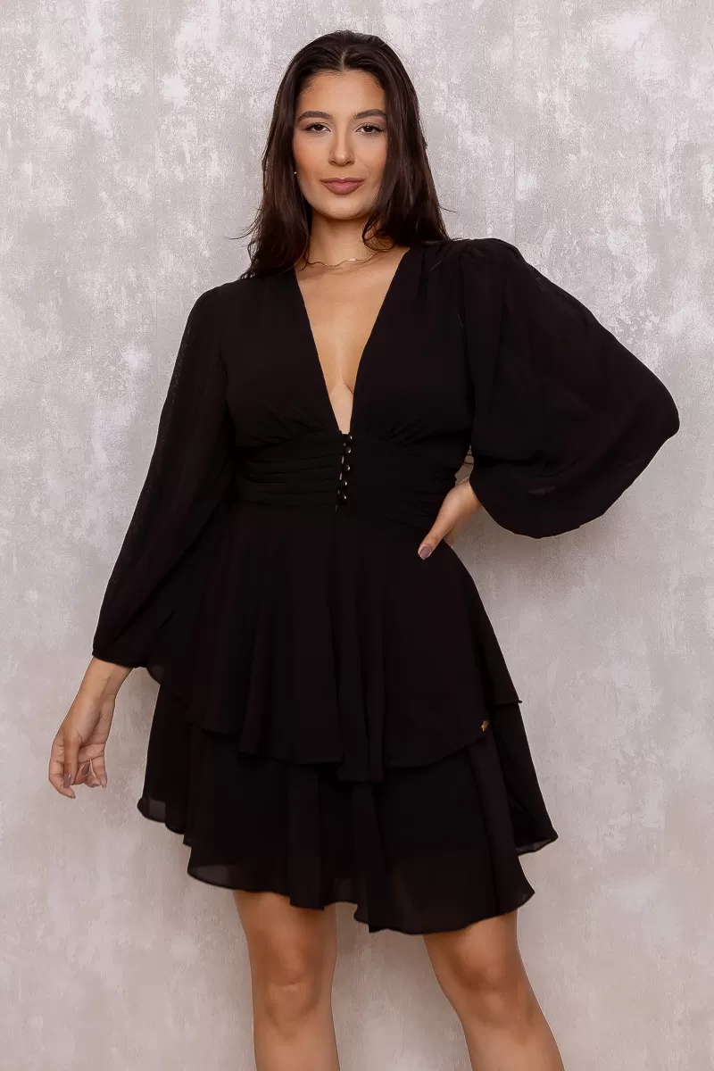 Oxigênio - Vestido Oxigênio Rodado Manga 3/4 Preto - 2250195PRETO