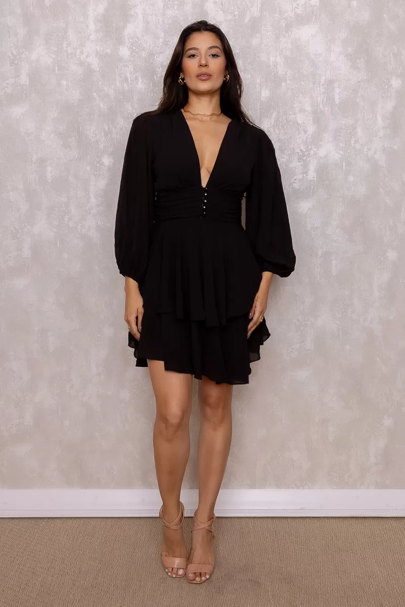 Oxigênio - Vestido Oxigênio Rodado Manga 3/4 Preto - 2250195PRETO