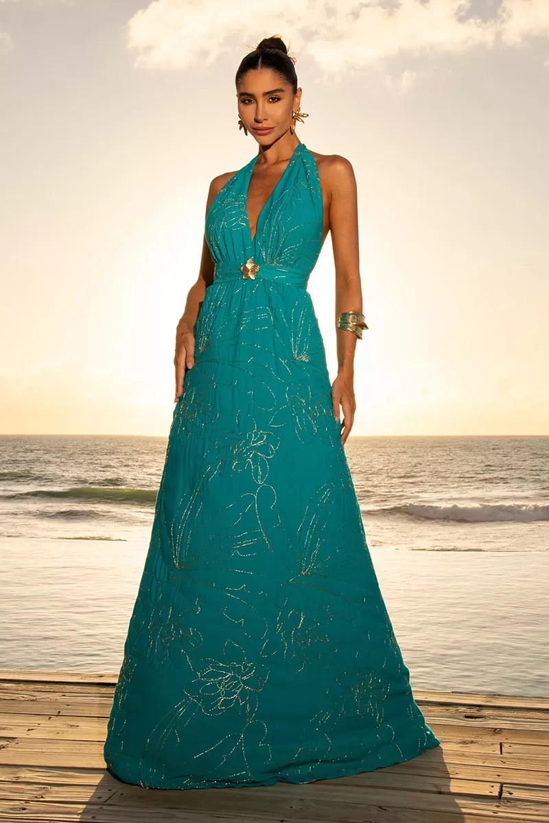 Dot Clothing - Vestido Dot Clothing Longo Patricia Bordado Esmeralda - 2594AZUL