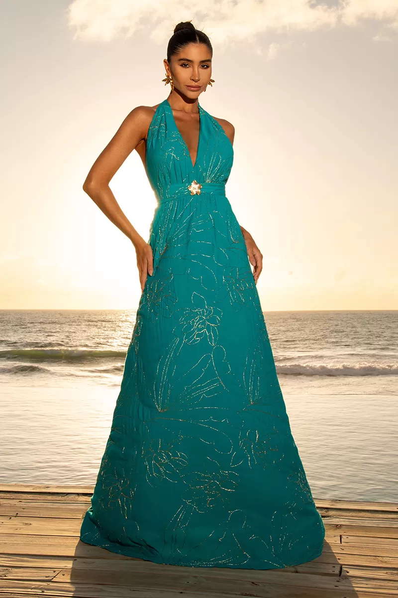 Dot Clothing - Vestido Dot Clothing Longo Patricia Bordado Esmeralda - 2594AZUL