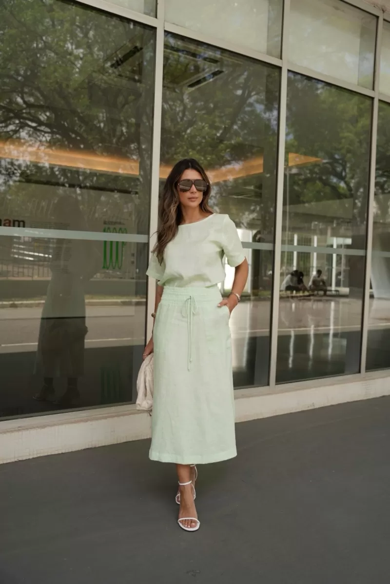 Hidrogênio - 100% LINEN WATER GREEN EVA MIDI SKIRT - 19800157