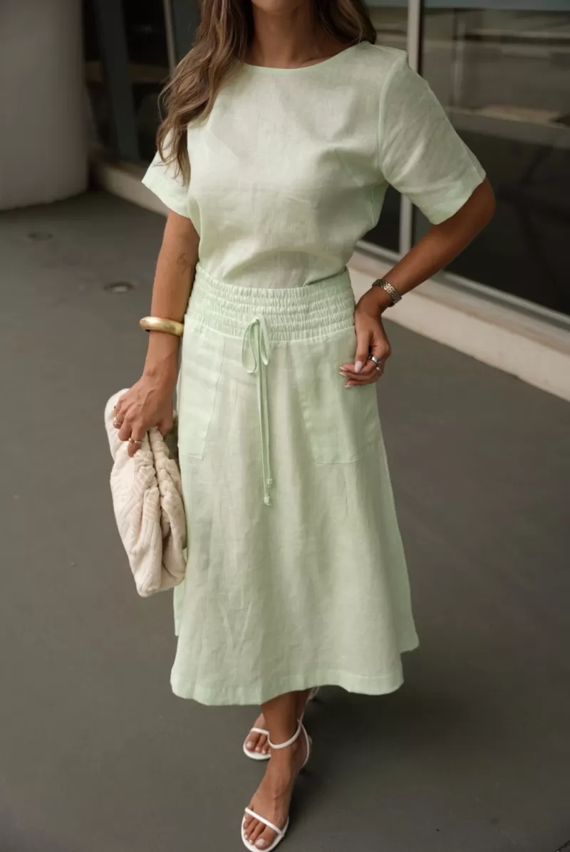 Hidrogênio - 100% LINEN WATER GREEN EVA MIDI SKIRT - 19800157