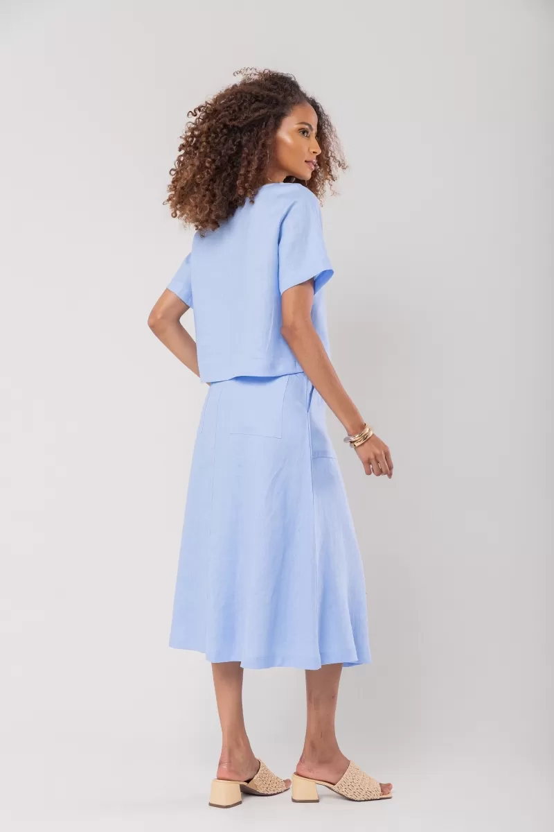 Hidrogênio - SAIA EVASE MIDI 100% LINHO AZUL ANIL - 19800568