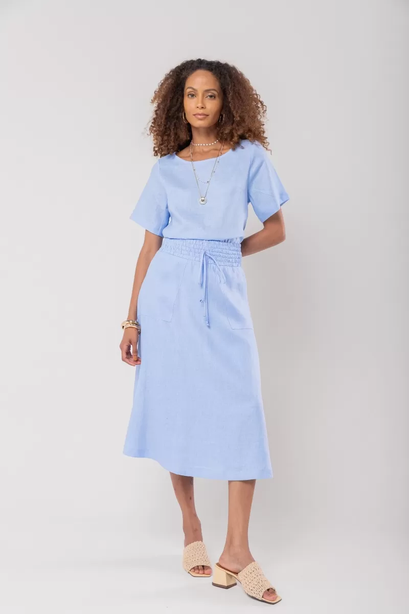 Hidrogênio - SAIA EVASE MIDI 100% LINHO AZUL ANIL - 19800568