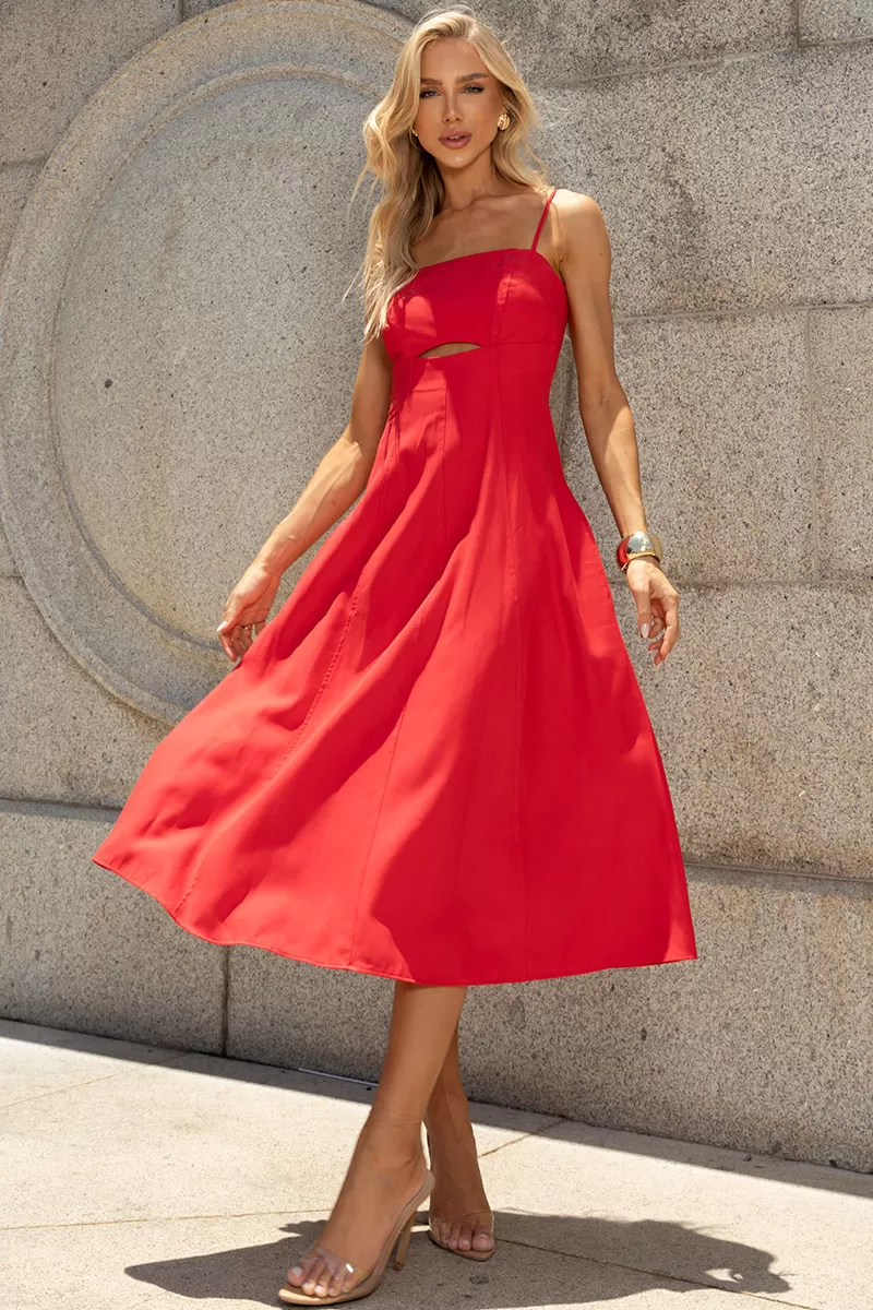 Miss Misses - Amanda Midi Dress with Openwork Detail and Pockets in Red - 54429024