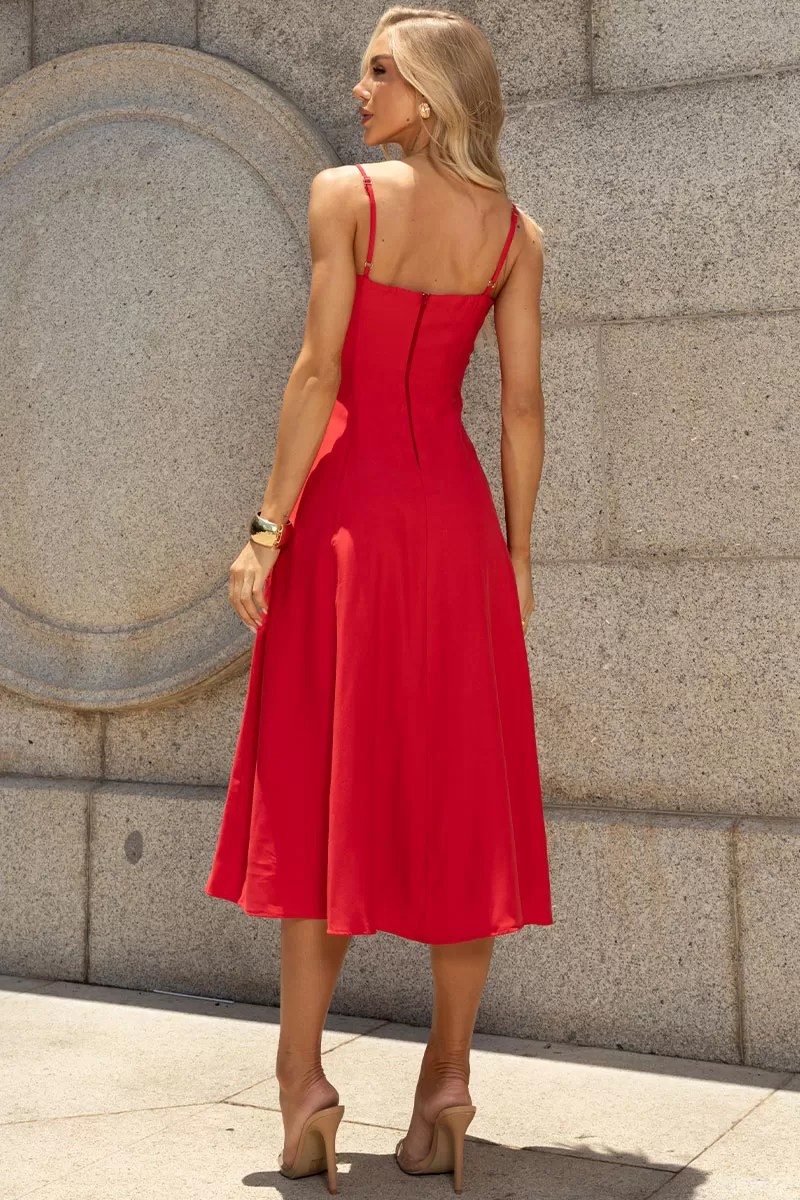 Miss Misses - Amanda Midi Dress with Openwork Detail and Pockets in Red - 54429024