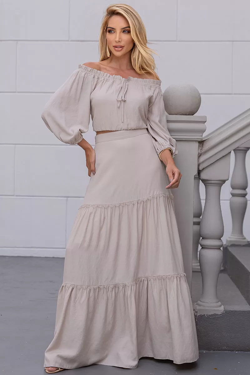 Miss Misses - Long Joana Skirt With Guipure Detail And Beige Zipper - 54472215