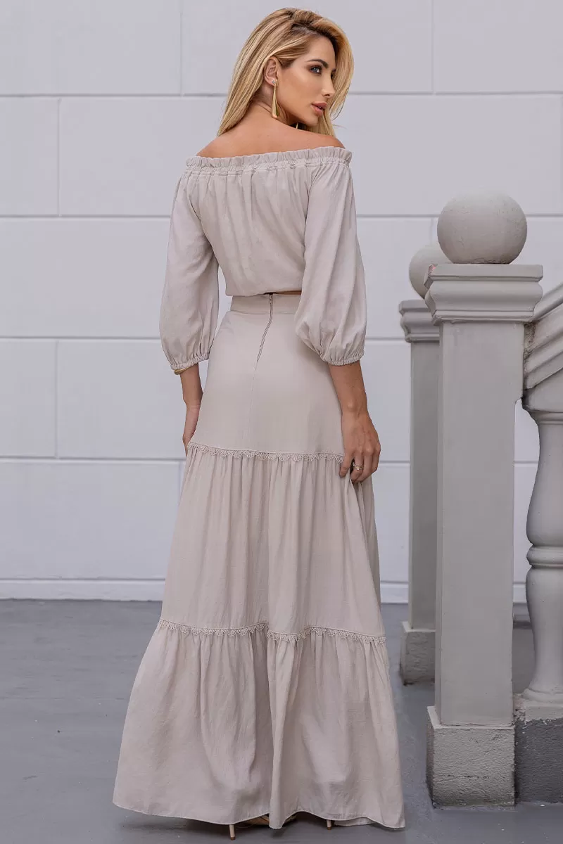 Miss Misses - Saia Joana Longa Com Detalhe Guipir Com Ziper Bege - 54472215