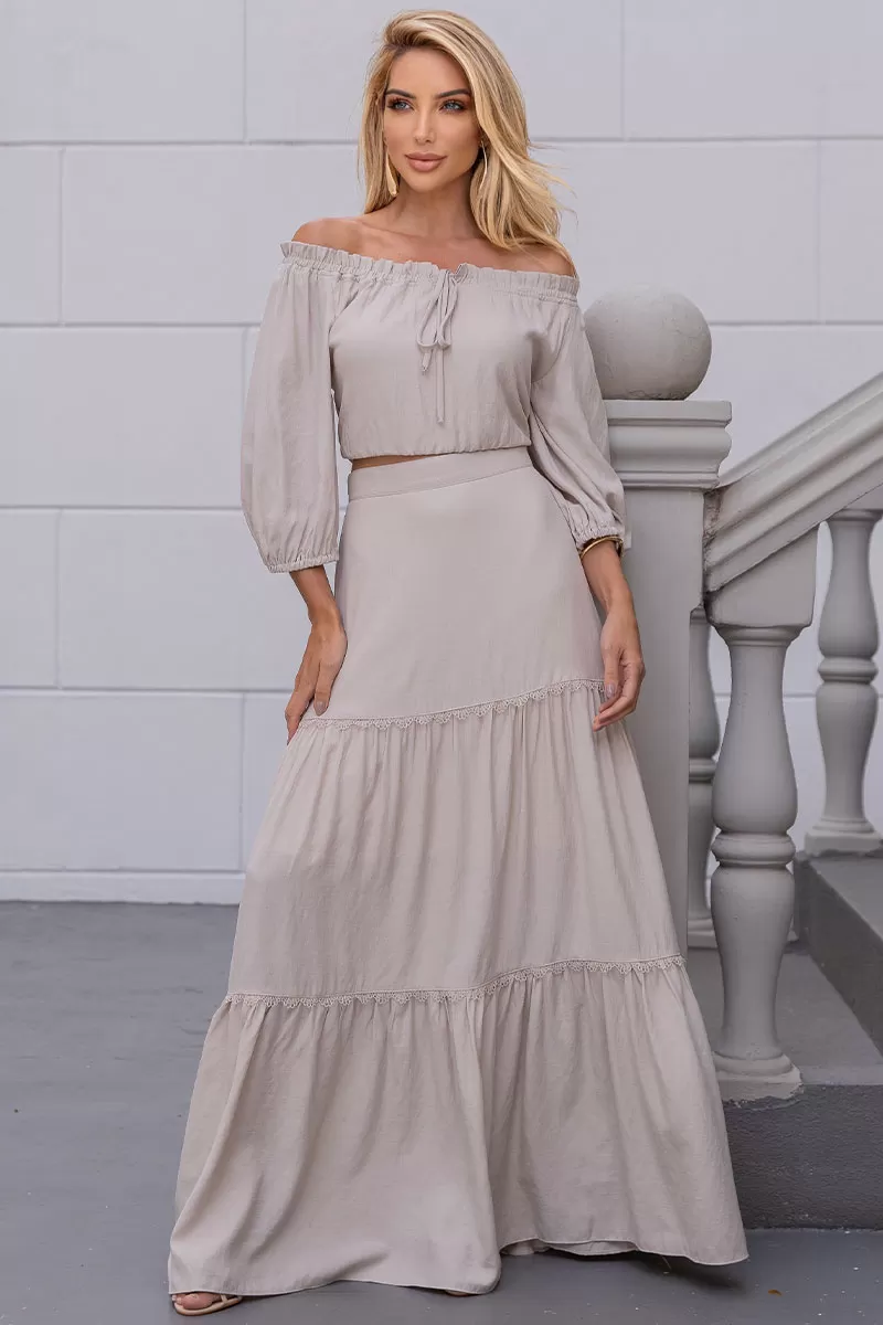 Miss Misses - Saia Joana Longa Com Detalhe Guipir Com Ziper Bege - 54472215