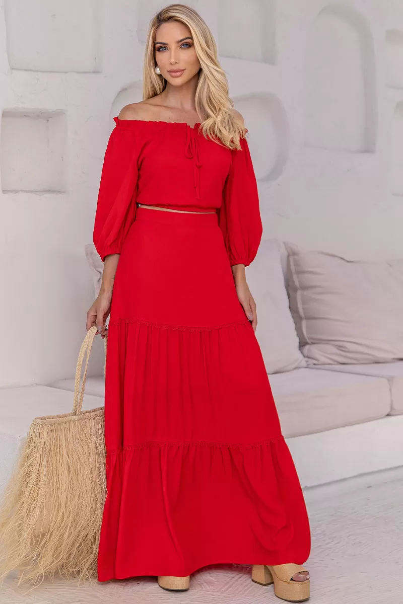 Miss Misses - Joana Long Skirt With Guipure Detail And Red Zipper - 54472024
