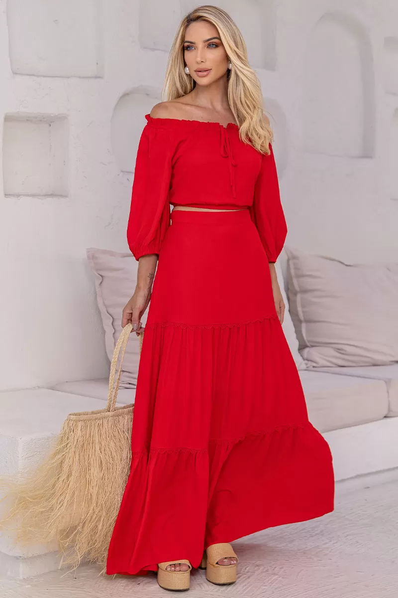 Miss Misses - Saia Joana Longa Com Detalhe Guipir Com Ziper Vermelho - 54472024