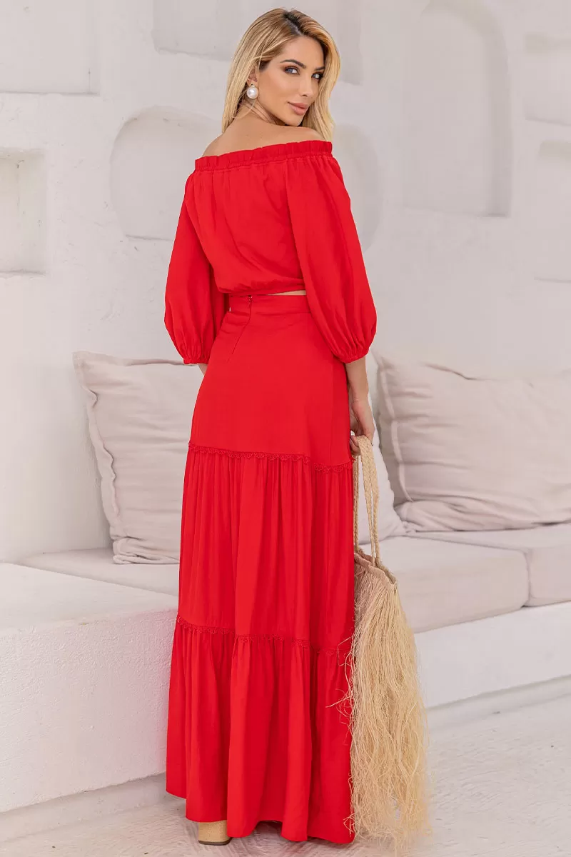 Miss Misses - Saia Joana Longa Com Detalhe Guipir Com Ziper Vermelho - 54472024