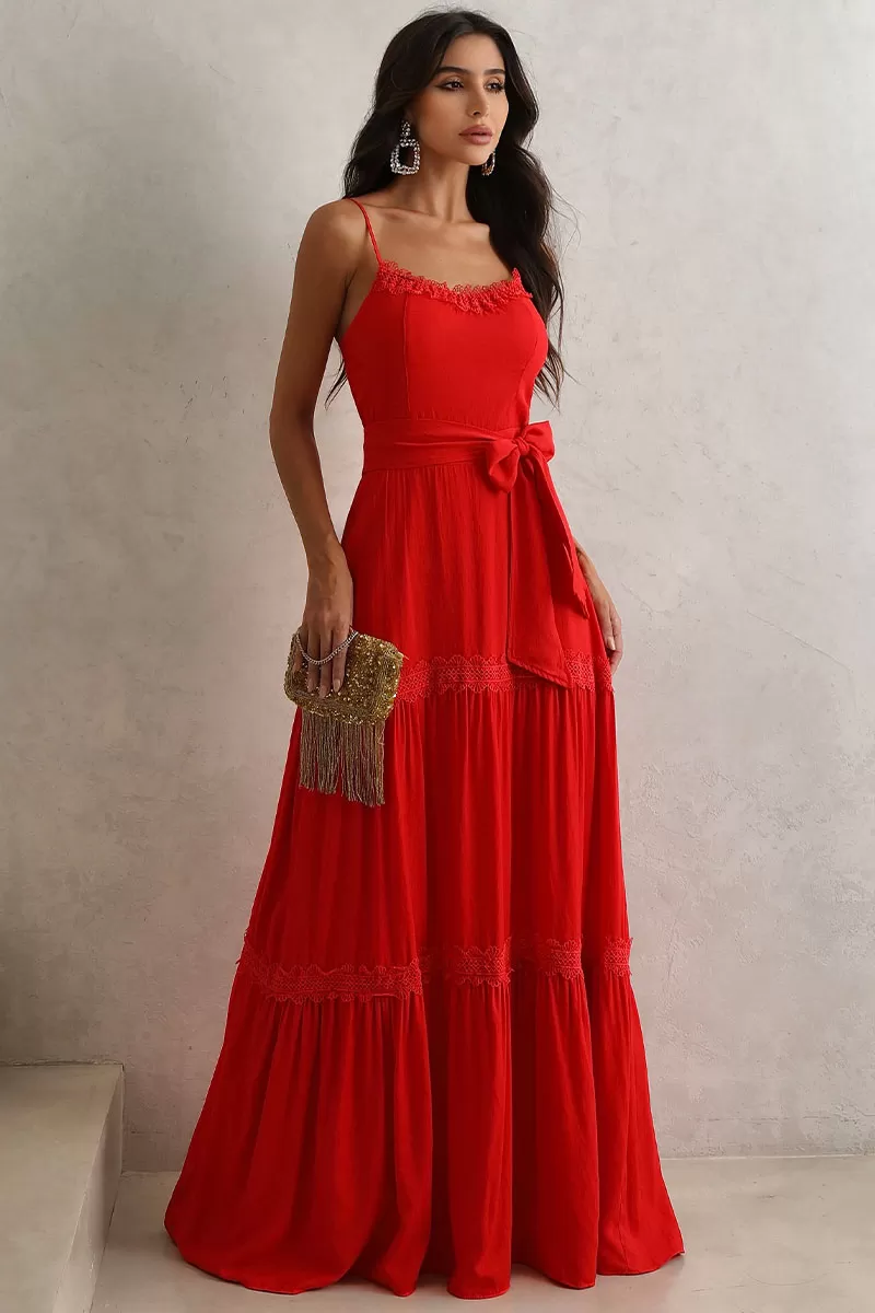 Miss Misses - Taina Long Dress With Sash And Red Guipure - 54468024