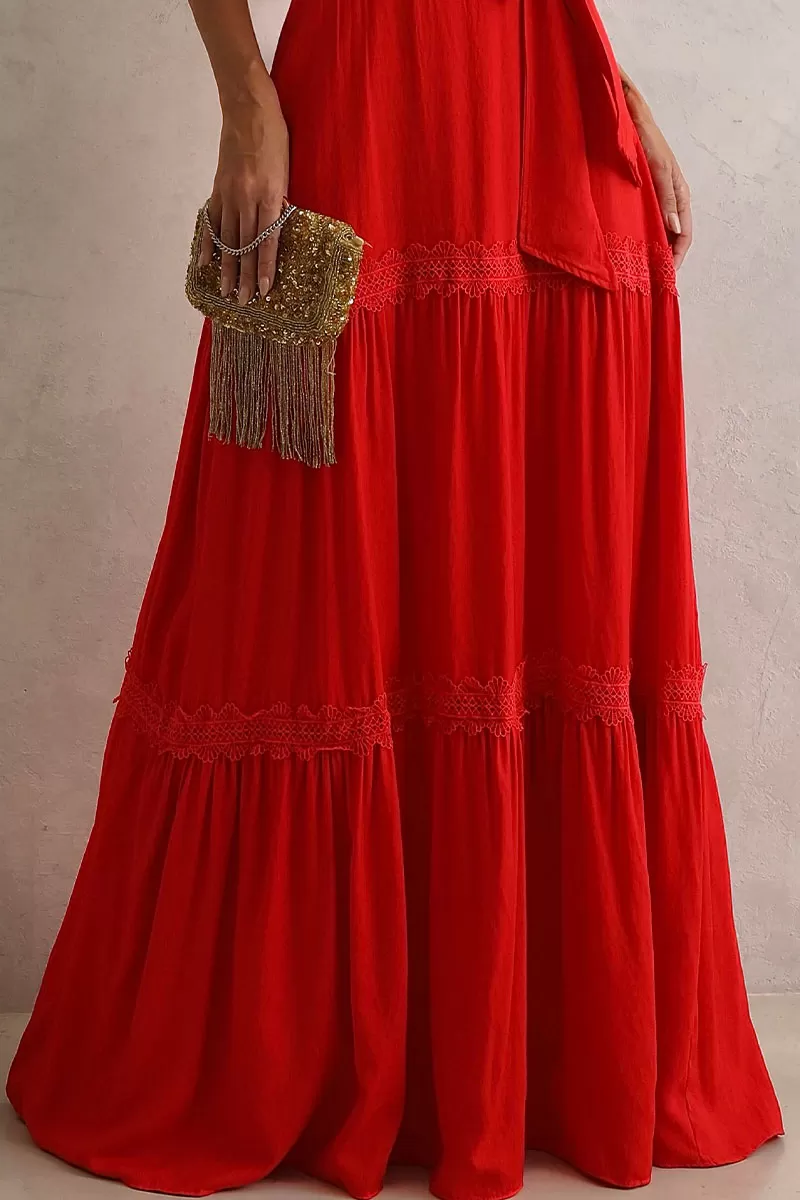 Miss Misses - Taina Long Dress With Sash And Red Guipure - 54468024