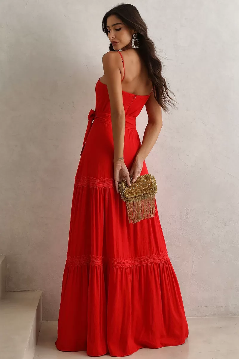 Miss Misses - Taina Long Dress With Sash And Red Guipure - 54468024