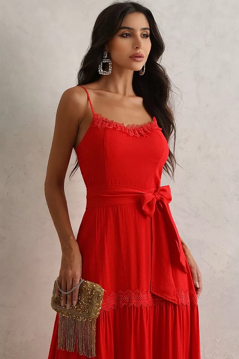 Miss Misses - Taina Long Dress With Sash And Red Guipure - 54468024