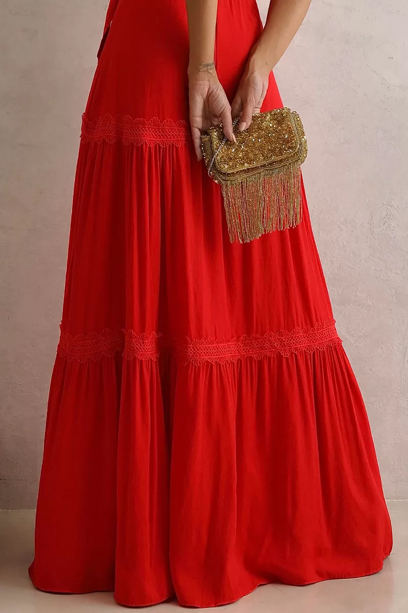 Miss Misses - Taina Long Dress With Sash And Red Guipure - 54468024