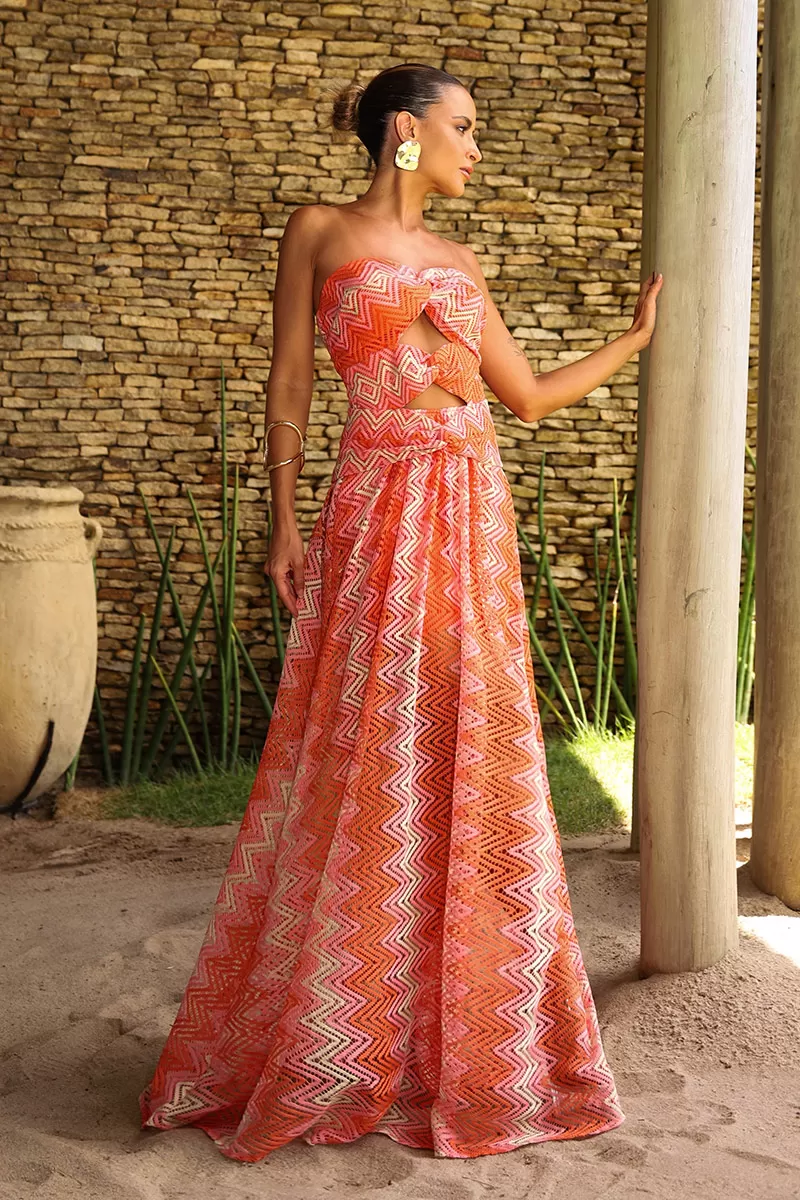 Dot Clothing - Vestido Dot Clothing Longo Rita Renda Estampado Laranja - 2596LARANJA