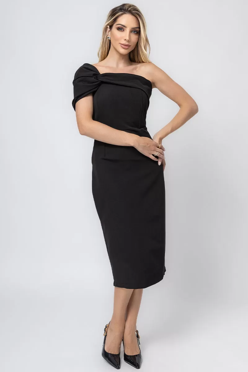 Miss Misses - Miss Misses Midi TQC Dress with Asymmetrical Detail in Black - 54355001