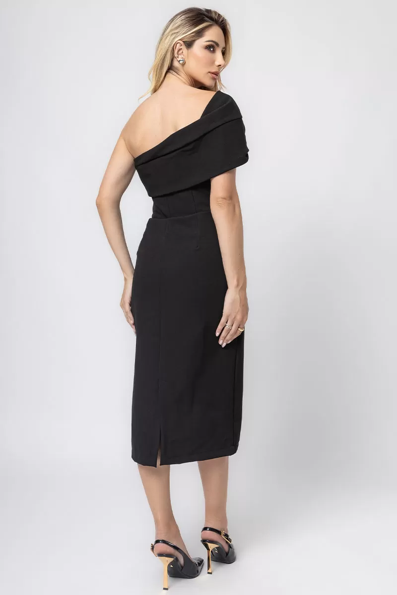 Miss Misses - Miss Misses Midi TQC Dress with Asymmetrical Detail in Black - 54355001