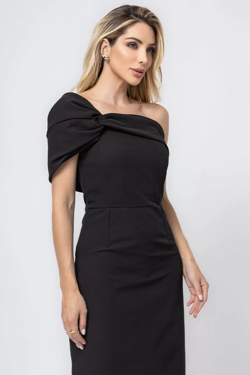 Miss Misses - Miss Misses Midi TQC Dress with Asymmetrical Detail in Black - 54355001