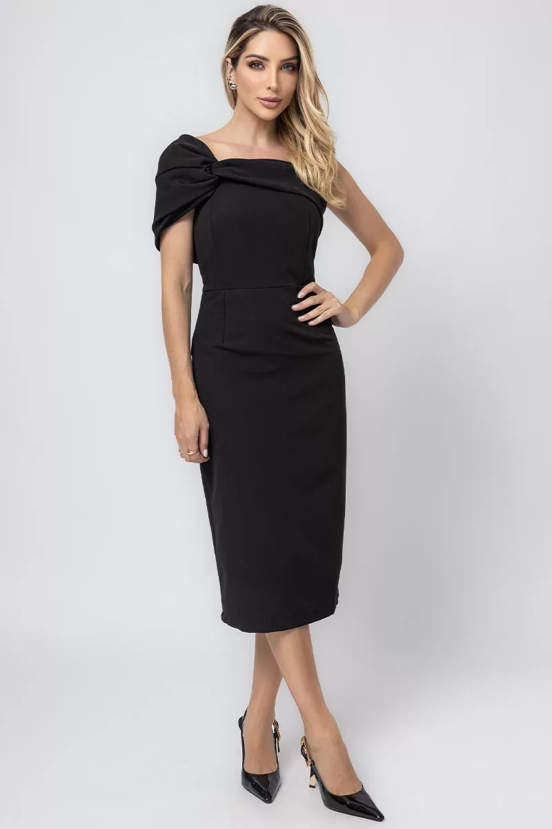 Miss Misses - Miss Misses Midi TQC Dress with Asymmetrical Detail in Black - 54355001