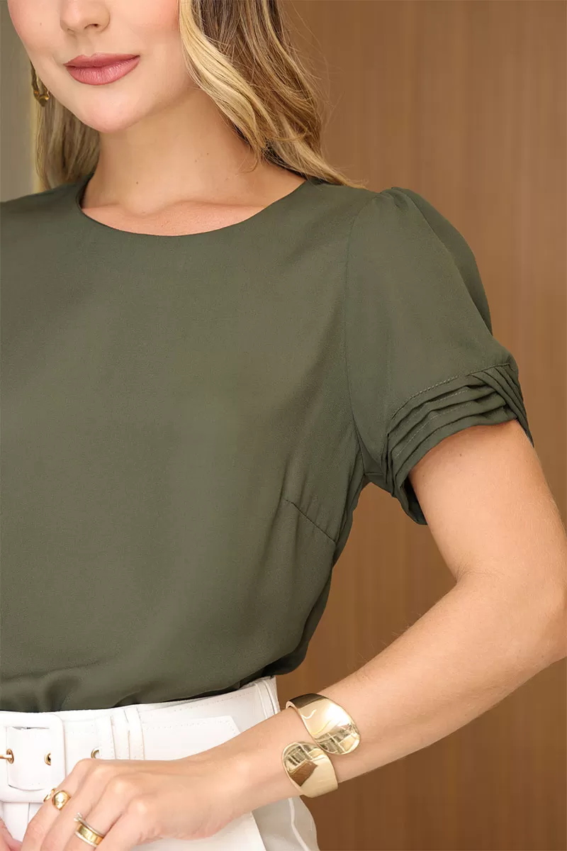 Miss Misses - Natacha Crepe Shirt with Moss Green Pleats - 54454038