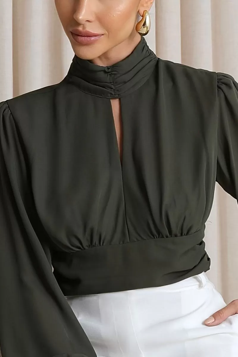 Miss Misses - Miss Misses Long Chiffon Shirt Moss Green - 80524038