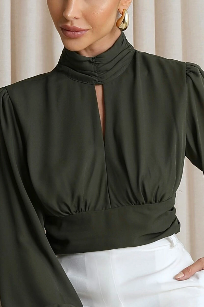 Miss Misses - Blusa Siena Cropped Miss Misses Manga Longa Chiffon Verde Musgo - 80524038