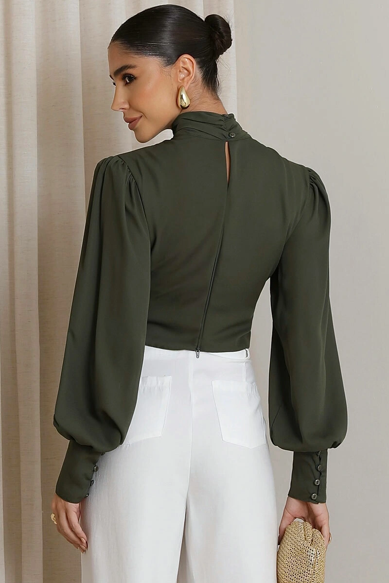 Miss Misses - Blusa Siena Cropped Miss Misses Manga Longa Chiffon Verde Musgo - 80524038