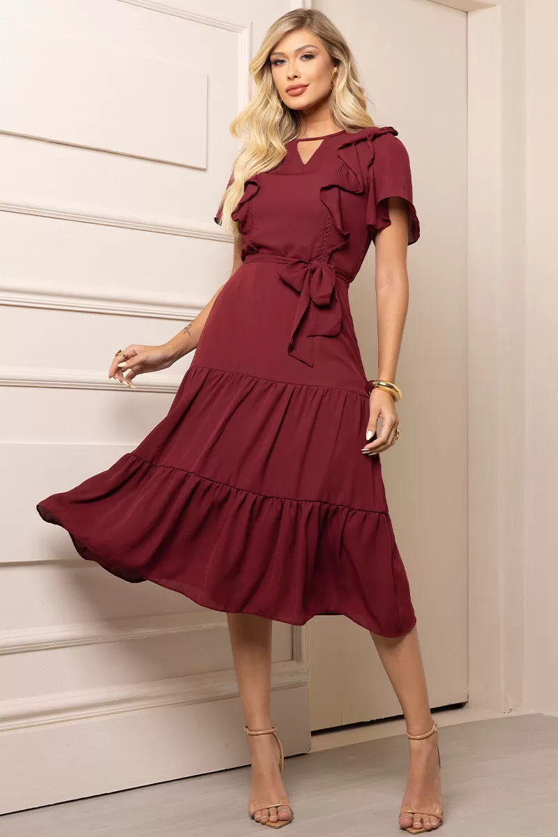 Miss Misses - Vestido Silvia Com Guipir E Com Faixa Vinho - 54481006