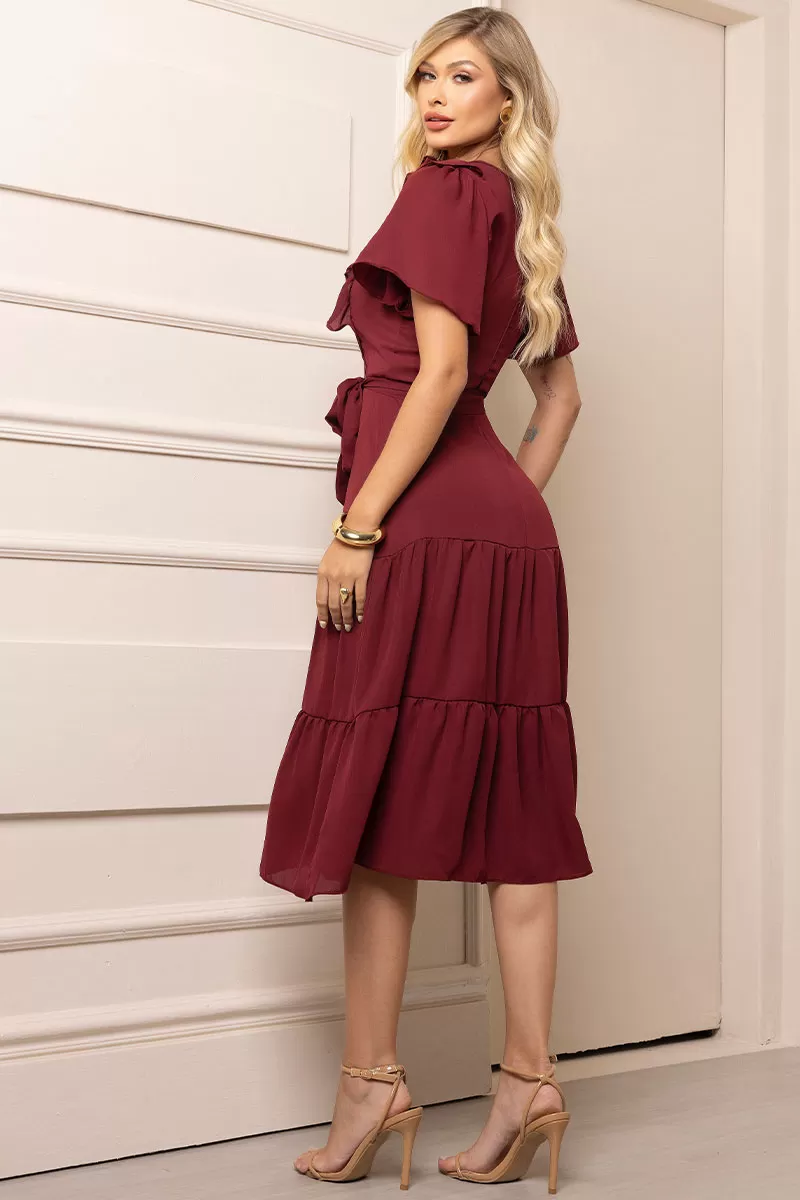 Miss Misses - Vestido Silvia Com Guipir E Com Faixa Vinho - 54481006