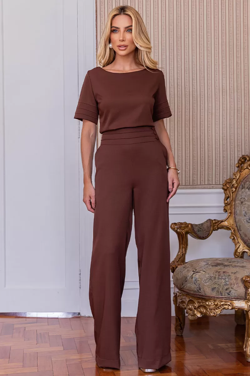 Miss Misses - Calça Viviane Alfaiataria Com Botão Marrom - 54312214