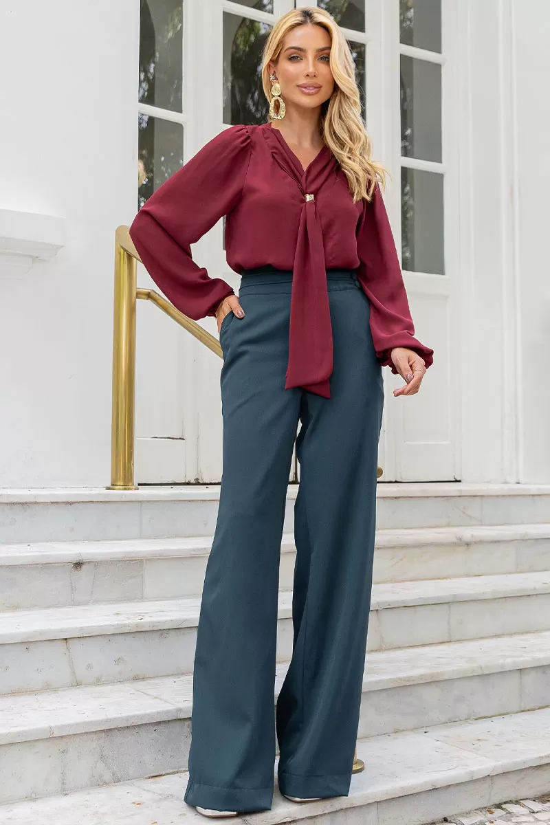 Miss Misses - Neusa Crepe Long Sleeve Shirt with Wine Metal Belt Loop - 54480006