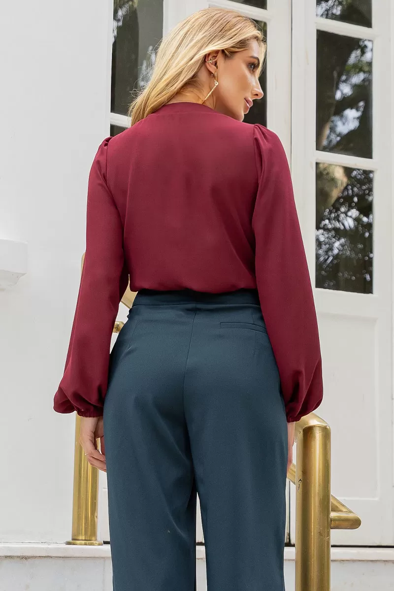 Miss Misses - Neusa Crepe Long Sleeve Shirt with Wine Metal Belt Loop - 54480006