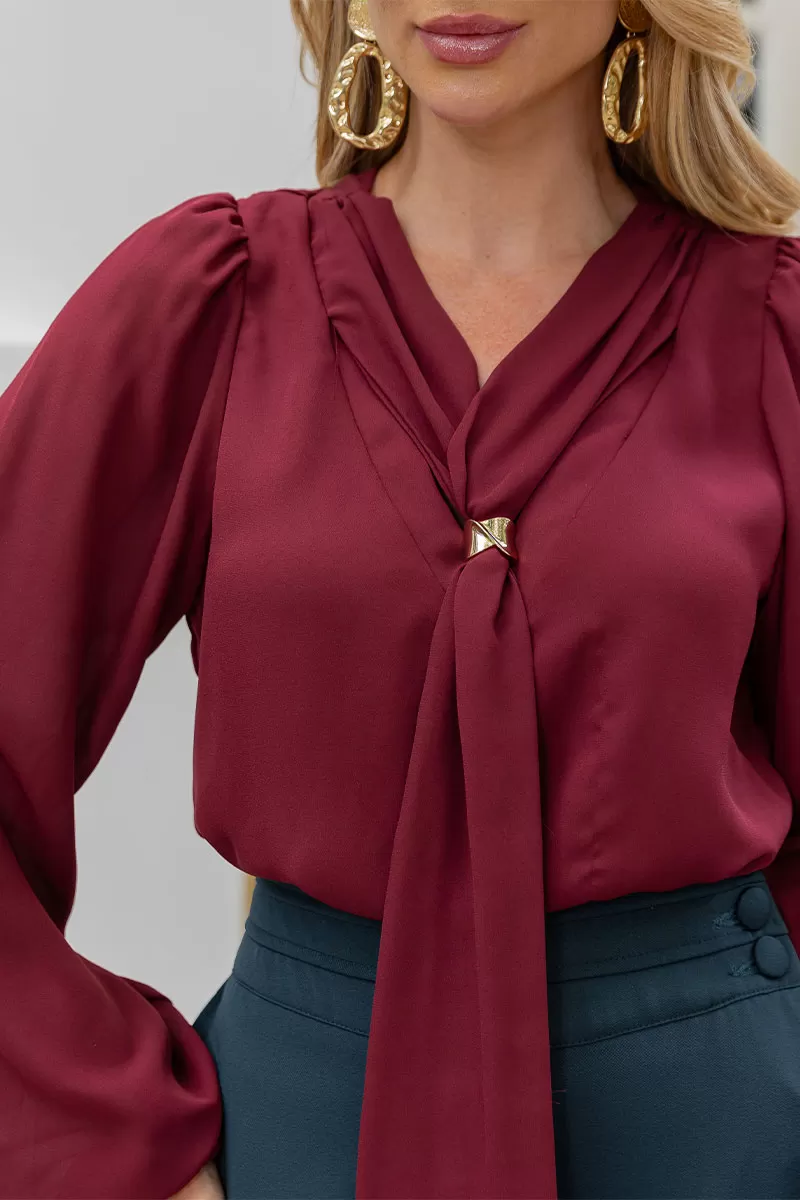 Miss Misses - Neusa Crepe Long Sleeve Shirt with Wine Metal Belt Loop - 54480006