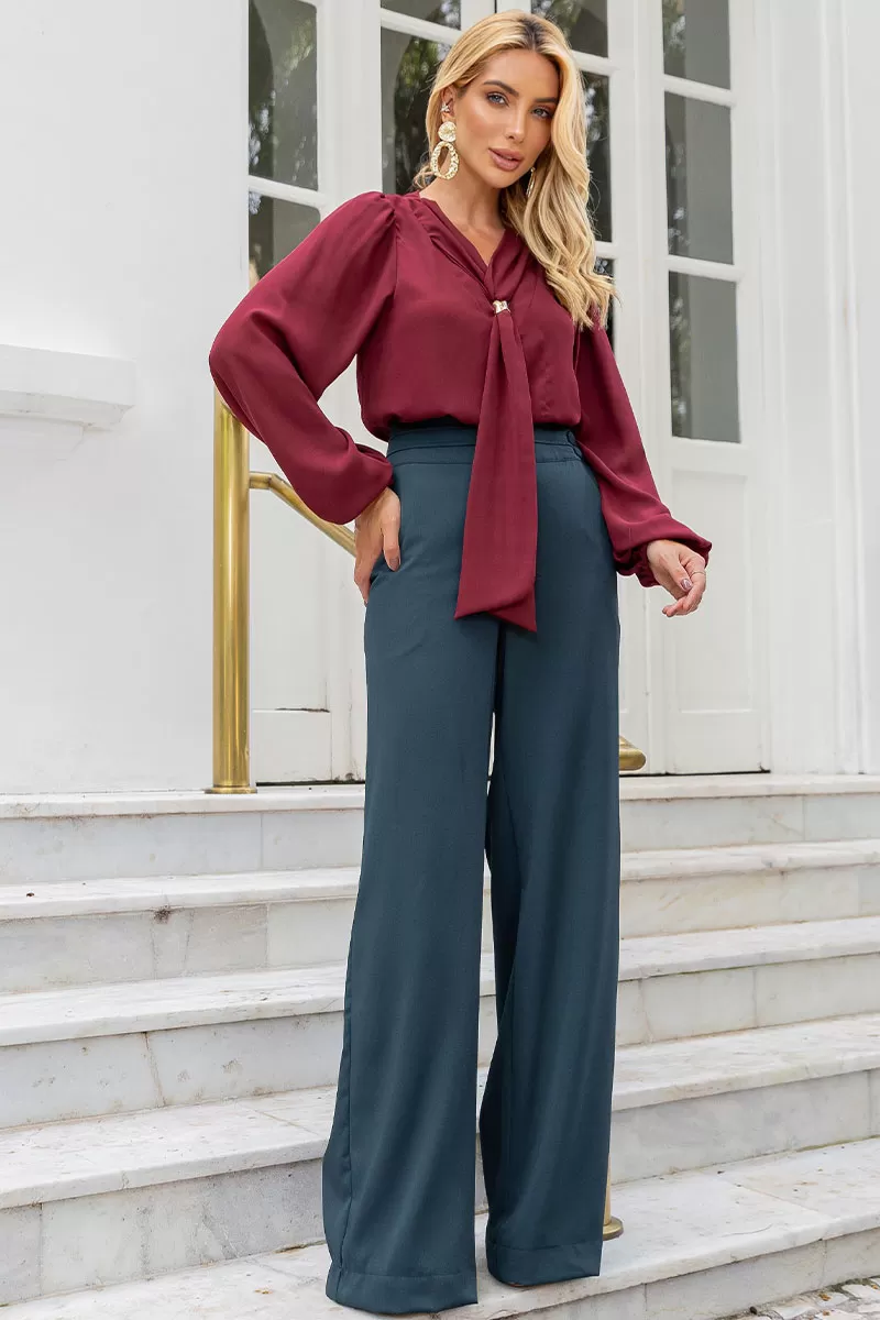 Miss Misses - Neusa Crepe Long Sleeve Shirt with Wine Metal Belt Loop - 54480006