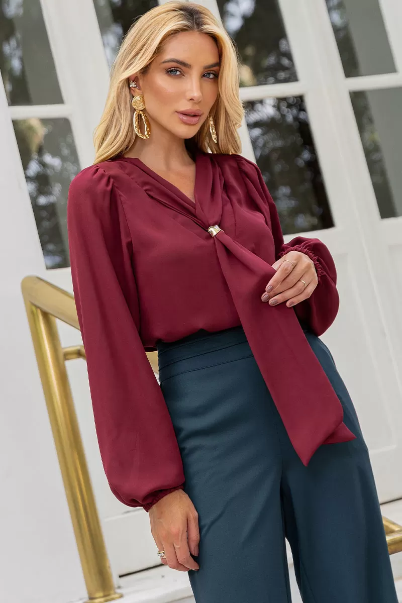 Miss Misses - Neusa Crepe Long Sleeve Shirt with Wine Metal Belt Loop - 54480006