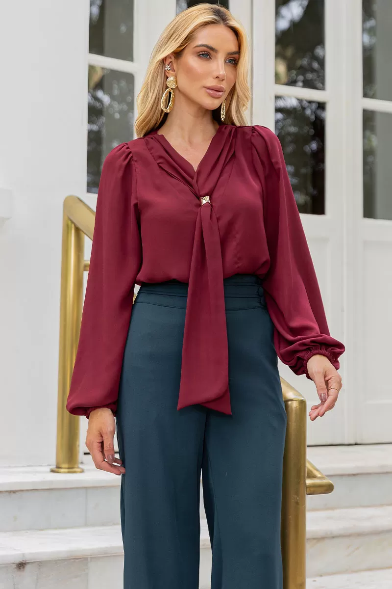 Miss Misses - Blusa Neusa Crepe Manga Longa Com Passante Metal Vinho - 54480006