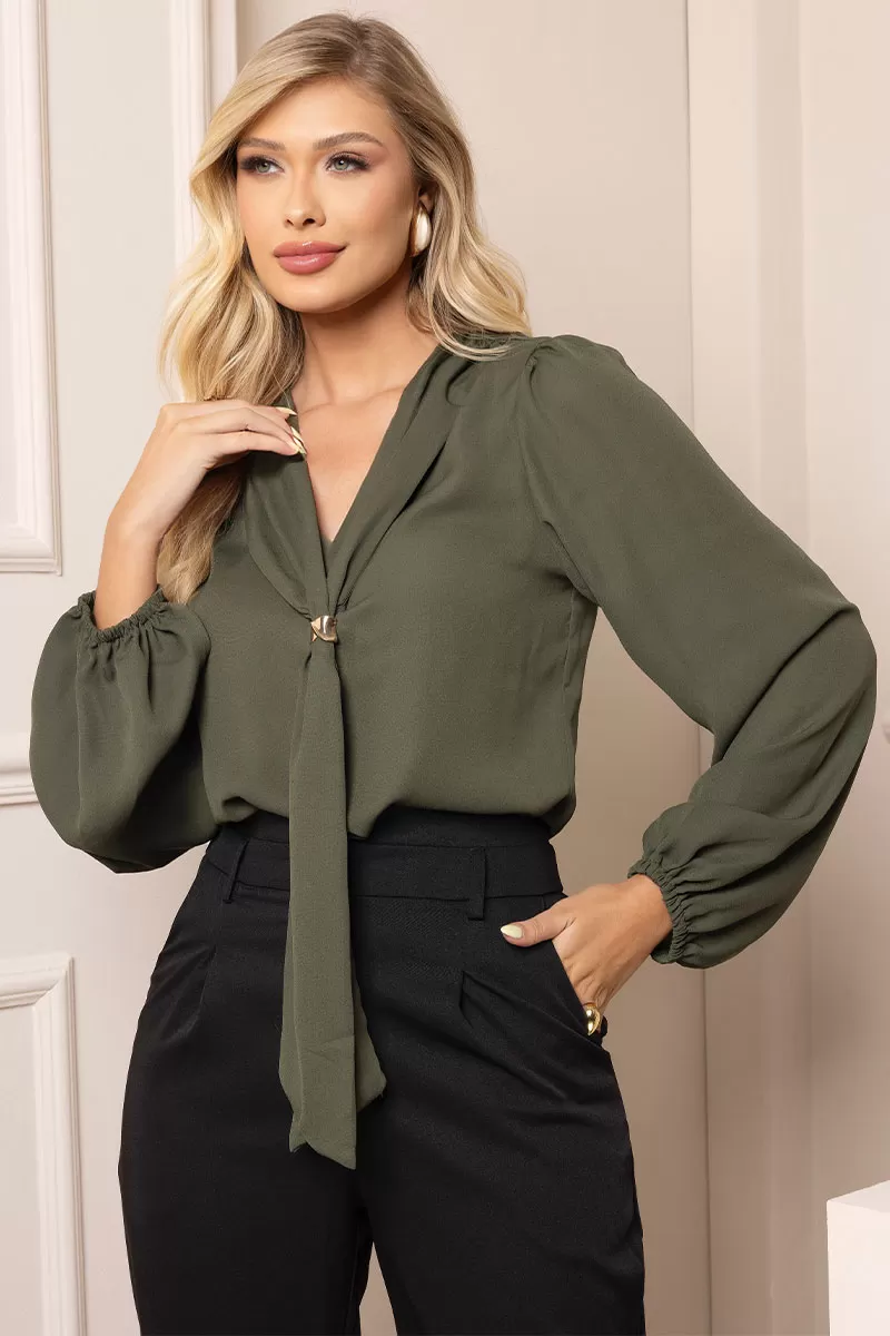 Miss Misses - Neusa Crepe Long Sleeve Shirt with Green Metal Belt Loop - 54480023