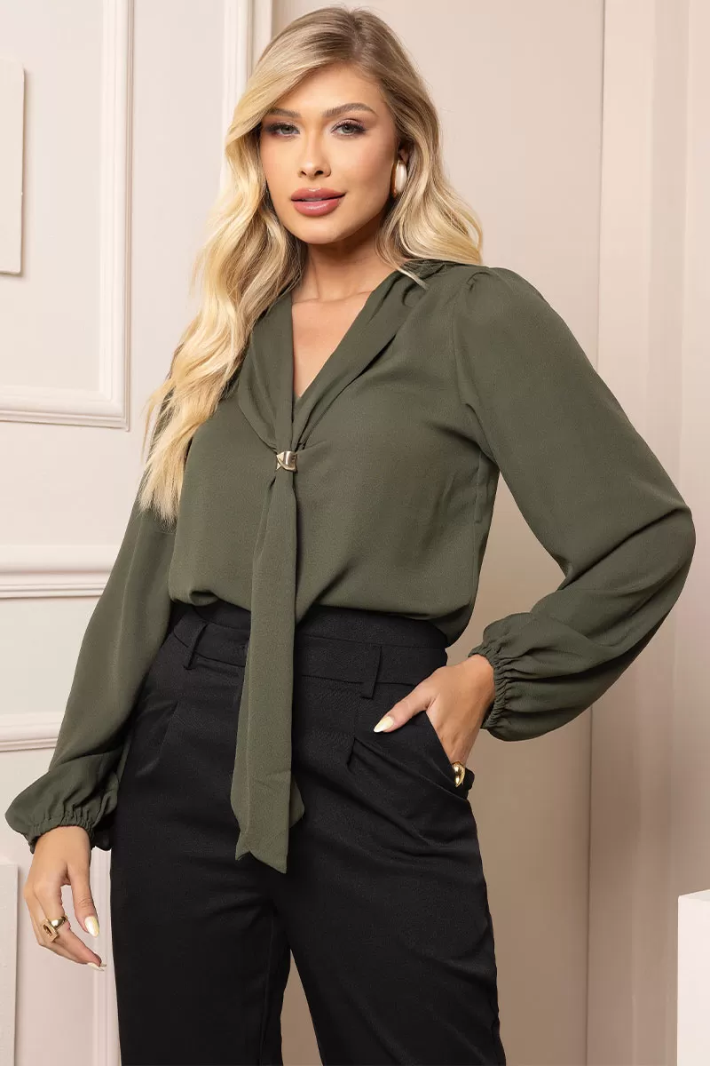 Miss Misses - Blusa Neusa Crepe Manga Longa Com Passante Metal Verde - 54480023