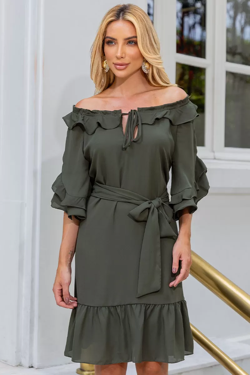 Miss Misses - Simone Crepe Off-the-Shoulder Dress with Moss Green Sash - 54483038